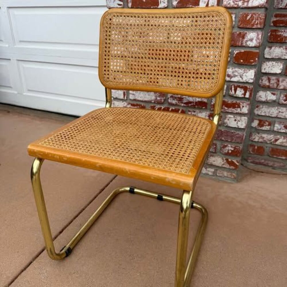 1970s Cesca Marcel Breuer Style Chair with Gold Flashed Base and Cane Wicker Bac
